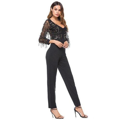 Solid Color V-Neck High Waist Sequin Jumpsuit For Ladies - Black image