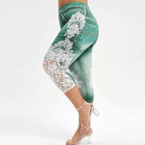 Denim Faux Printed High-Rise Stretchy Midi Leggings - Green image