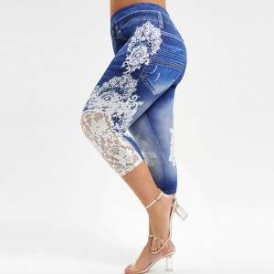 Denim Faux Printed High-Rise Stretchy Midi Leggings - Blue