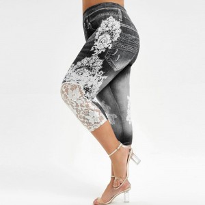 Denim Faux Printed High-Rise Stretchy Midi Leggings - Black