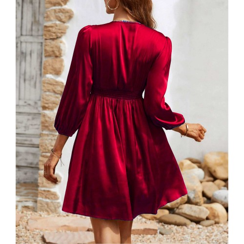 Beautiful Lantern Sleeves V-Neck Short A-Line Dress - Red image