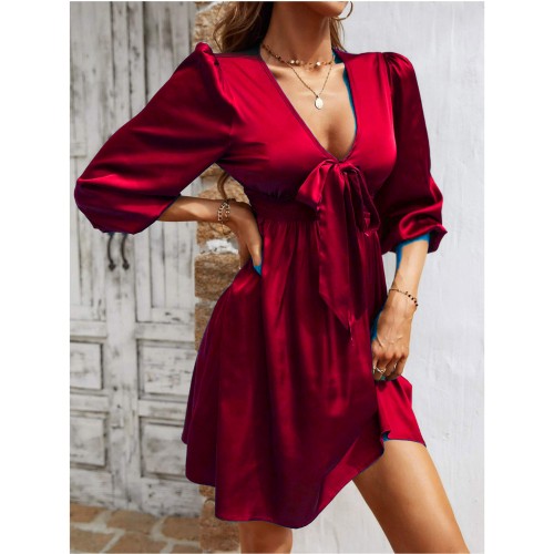  Beautiful Lantern Sleeves V-Neck Short A-Line Dress - Red image