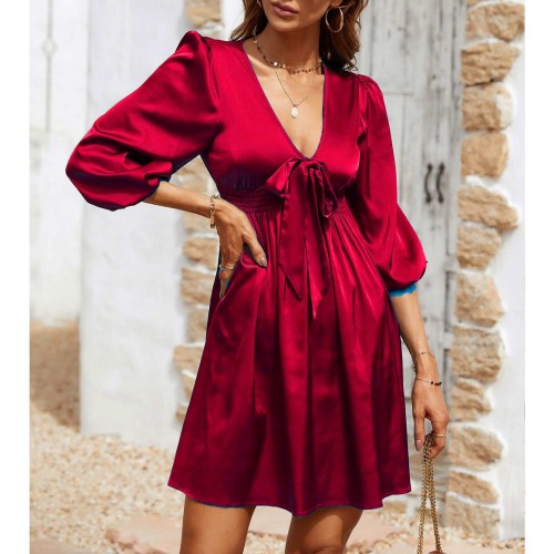  Beautiful Lantern Sleeves V-Neck Short A-Line Dress - Red image