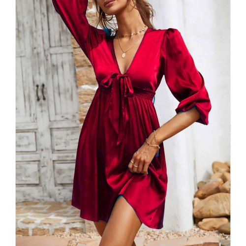  Beautiful Lantern Sleeves V-Neck Short A-Line Dress - Red image