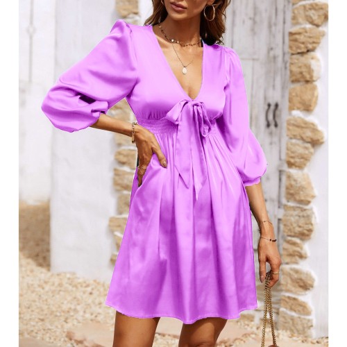  Beautiful Lantern Sleeves V-Neck Short A-Line Dress - Purple image