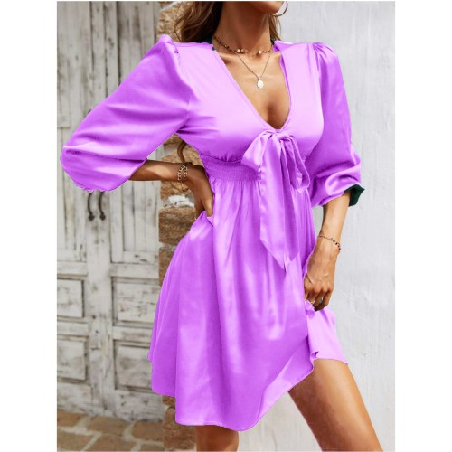  Beautiful Lantern Sleeves V-Neck Short A-Line Dress - Purple image