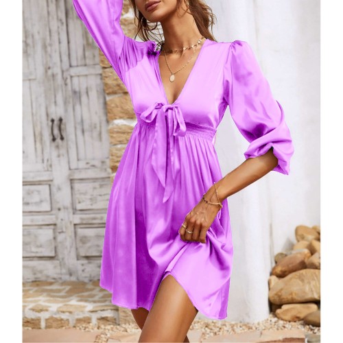  Beautiful Lantern Sleeves V-Neck Short A-Line Dress - Purple image