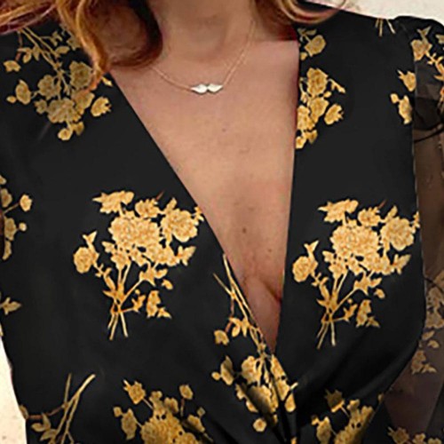Trendy Printed Long Sleeve V-Neck Mini Dress - Black image