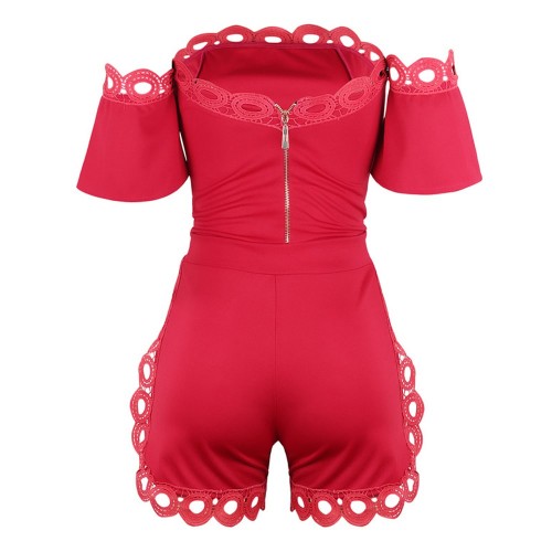 Solid Color Ladies Off Shoulder Top And Mini Shorts - Red image