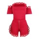 Solid Color Ladies Off Shoulder Top And Mini Shorts - Red image