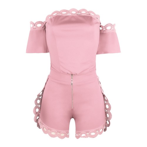 Solid Color Ladies Off Shoulder Top And Mini Shorts - Pink image