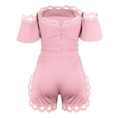 Solid Color Ladies Off Shoulder Top And Mini Shorts - Pink image