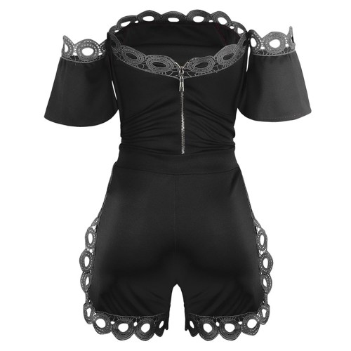 Solid Color Ladies Off Shoulder Top And Mini Shorts - Black image