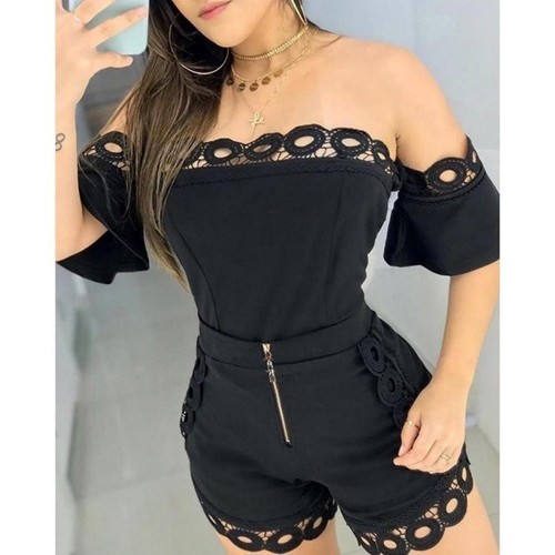 Solid Color Ladies Off Shoulder Top And Mini Shorts - Black image