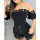 Solid Color Ladies Off Shoulder Top And Mini Shorts - Black image