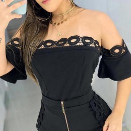 Solid Color Ladies Off Shoulder  Top And Mini Shorts - Black