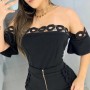 Solid Color Ladies Off Shoulder  Top And Mini Shorts - Black