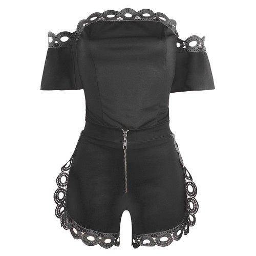 Solid Color Ladies Off Shoulder Top And Mini Shorts - Black image