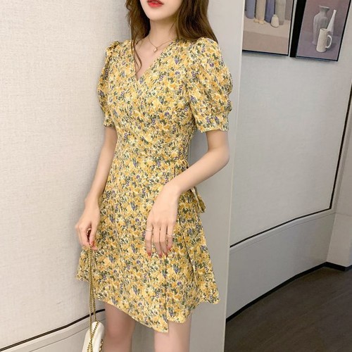 Beautiful V-Neck Floral Print Short Wrap Dress - Yellow image