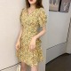 Beautiful V-Neck Floral Print Short Wrap Dress - Yellow image