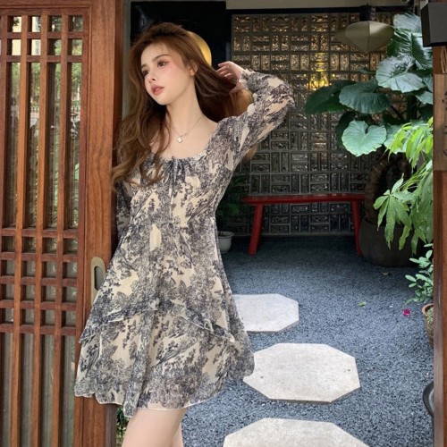 Long Sleeve Floral Print Short A-Line Dress - Grey image