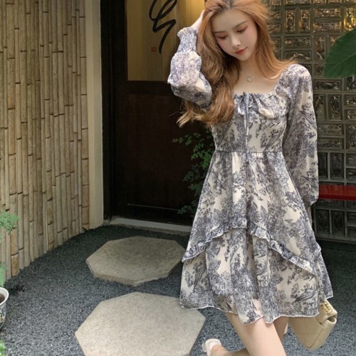 Long Sleeve Floral Print Short A-Line Dress - Grey image