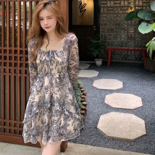 Long Sleeve Floral Print Short A-Line Dress - Grey image