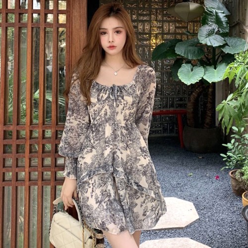 Long Sleeve Floral Print Short A-Line Dress - Grey image