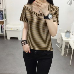 Trendy V-Neck Striped Women's Short Sleeve Blouse - Brown
