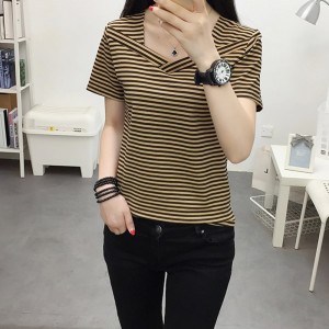 Trendy V-Neck Striped Women's Short Sleeve Blouse - Brown