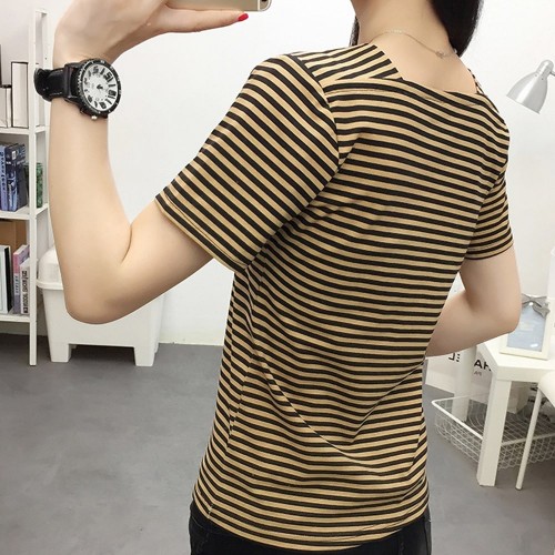 Trendy V-Neck Striped Women's Short Sleeve Blouse - Brown image