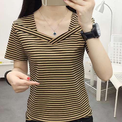 Trendy V-Neck Striped Women's Short Sleeve Blouse - Brown image