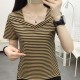 Trendy V-Neck Striped Women's Short Sleeve Blouse - Brown image