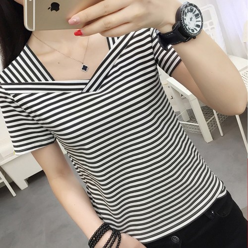 Trendy V-Neck Striped Women's Short Sleeve Blouse - White image