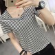 Trendy V-Neck Striped Women's Short Sleeve Blouse - White image