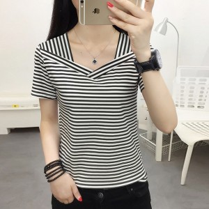 Trendy V-Neck Striped Women's Short Sleeve Blouse - White