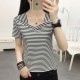 Trendy V-Neck Striped Women's Short Sleeve Blouse - White image