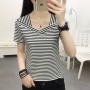 Trendy V-Neck Striped Women's Short Sleeve Blouse - White