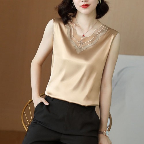 Solid Color V-Neck Loose Sleeveless Blouse With Lace Trim - Gold image