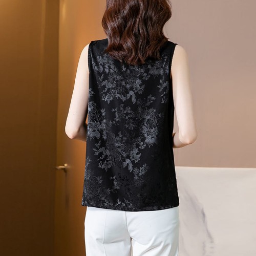 Solid Color V-Neck Floral Prints Loose Sleeveless Blouse - Black image