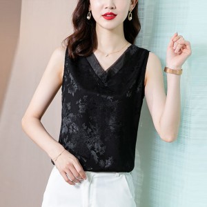 Solid Color V-Neck Floral Prints Loose Sleeveless Blouse - Black