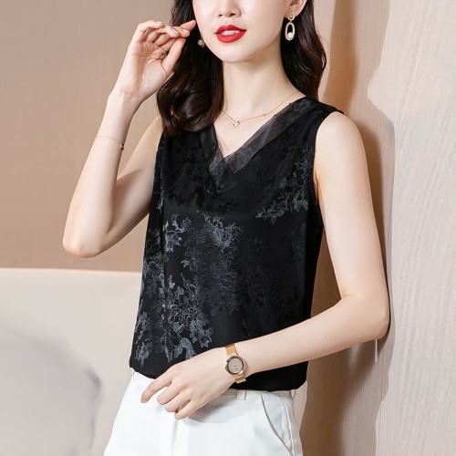 Solid Color V-Neck Floral Prints Loose Sleeveless Blouse - Black image