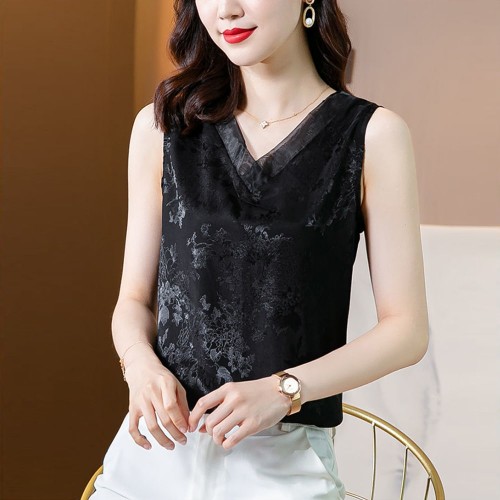 Solid Color V-Neck Floral Prints Loose Sleeveless Blouse - Black image