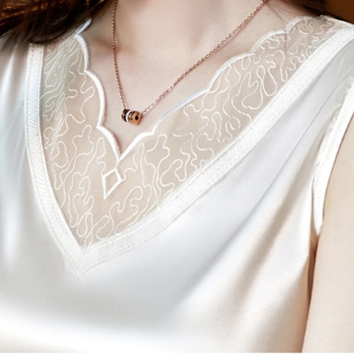 Beautiful Lace V-Neck Silk Satin Sleeveless Blouse - White image