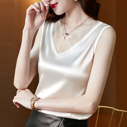 Beautiful Lace V-Neck Silk Satin Sleeveless Blouse - White image