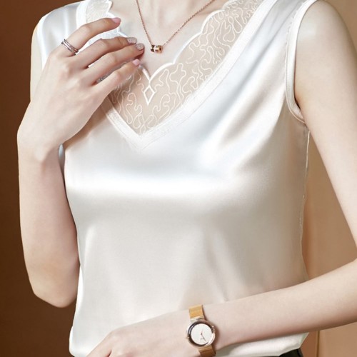 Beautiful Lace V-Neck Silk Satin Sleeveless Blouse - White image
