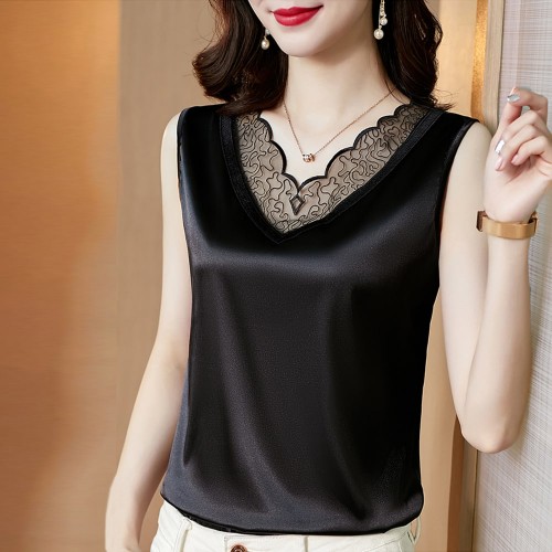 Beautiful Lace V-Neck Silk Satin Sleeveless Blouse - Black image