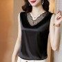 Beautiful Lace V-Neck Silk Satin Sleeveless Blouse - Black