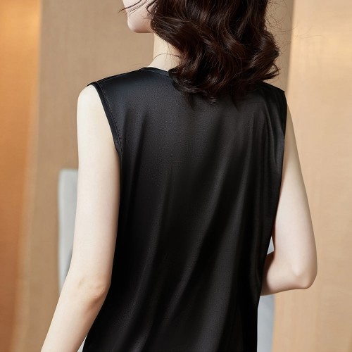 Beautiful Lace V-Neck Silk Satin Sleeveless Blouse - Black image