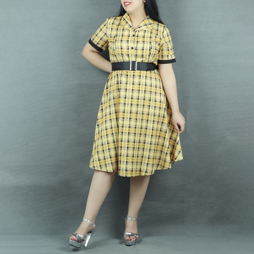 Short Sleeve Checkered A-Line Printed Midi Dress - Yellow| image